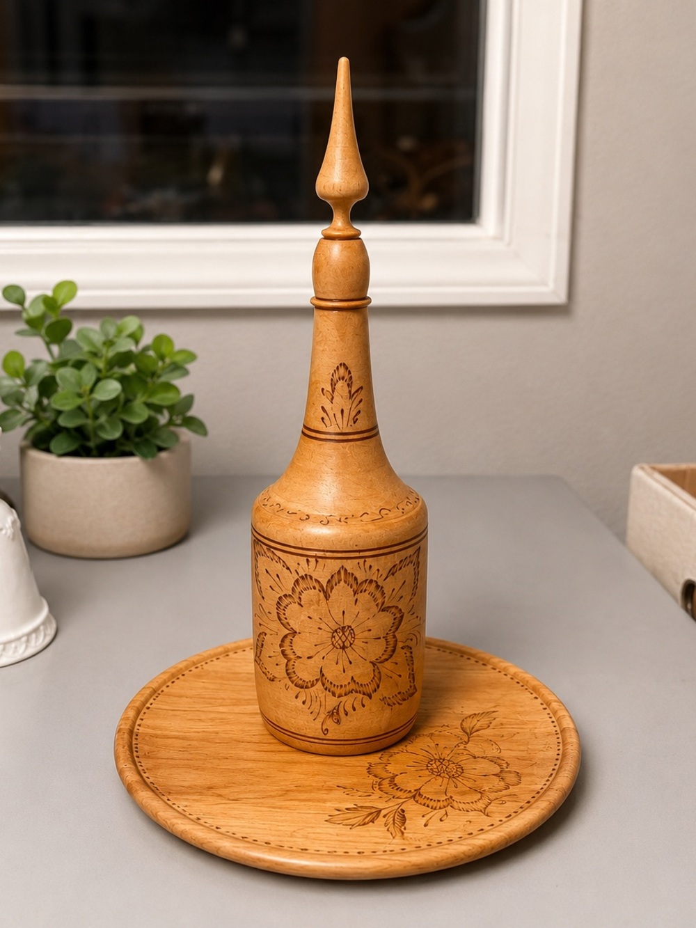 Handcrafted Wooden Decorative Bottle with Floral Carving